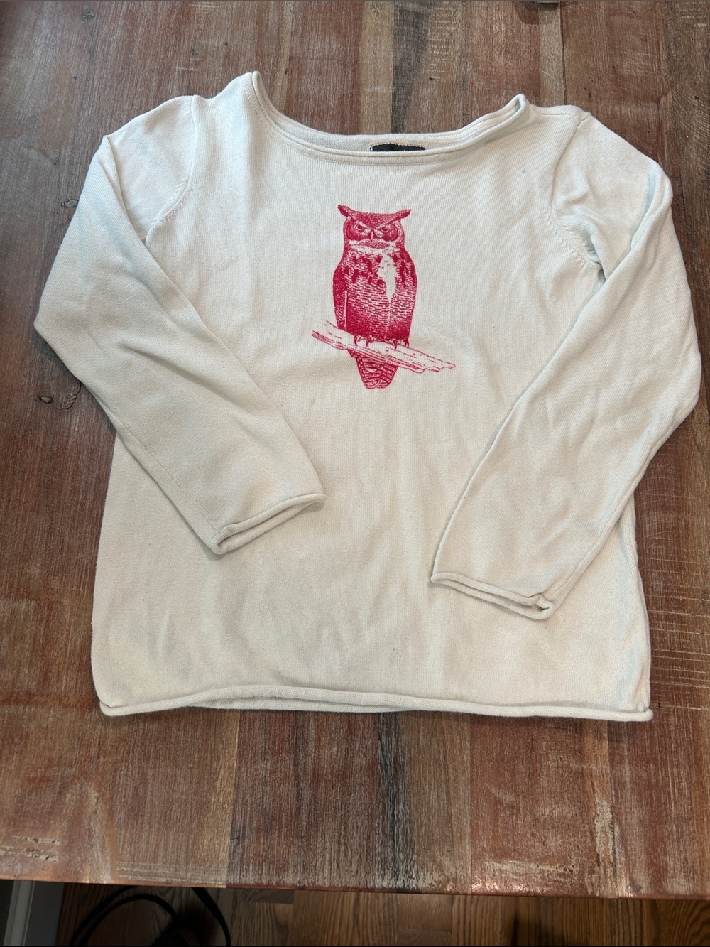 Anthropologie Cream Crew Neck Sweater with Red Owl Print and Raw Hems